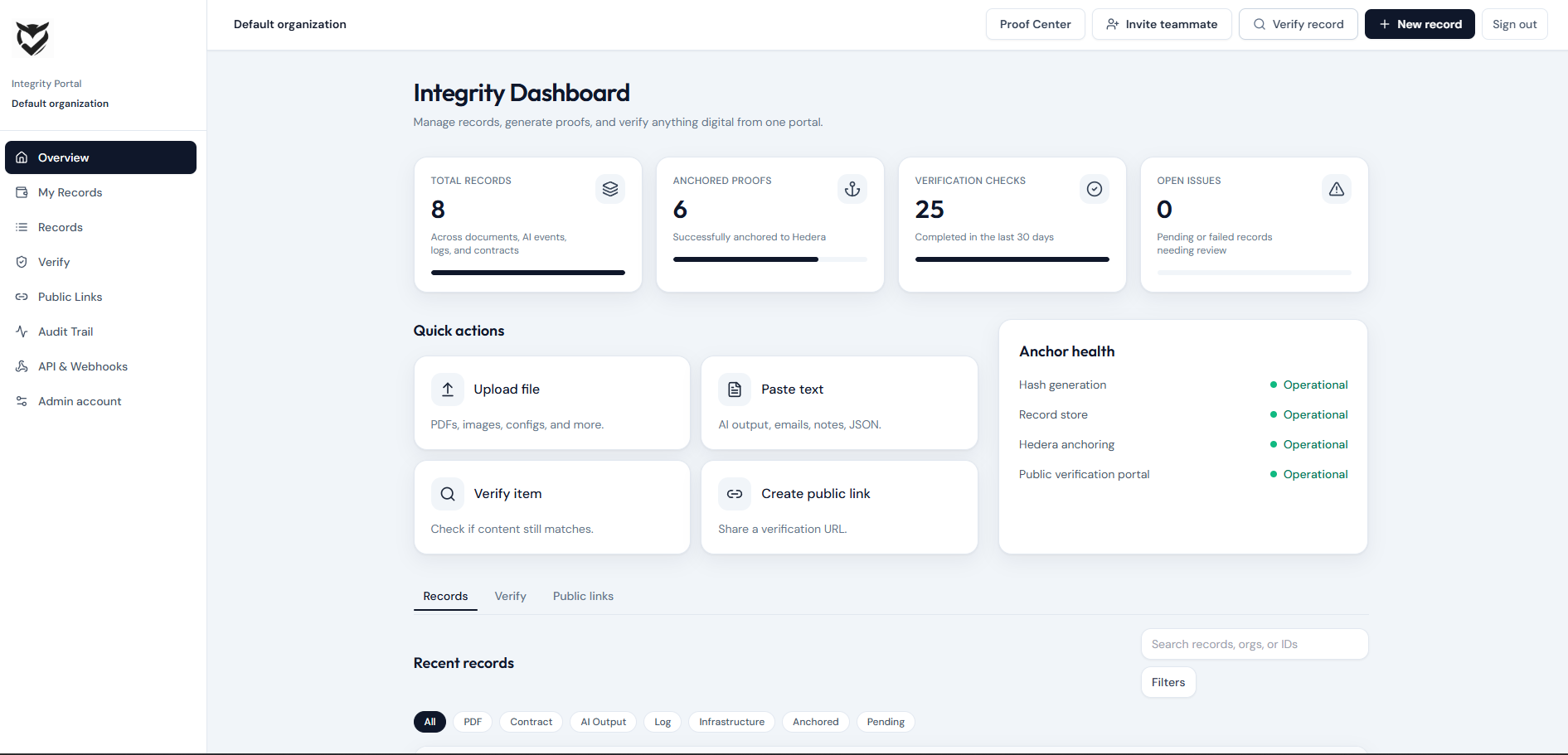 OwlVerify dashboard listing proof records and metadata