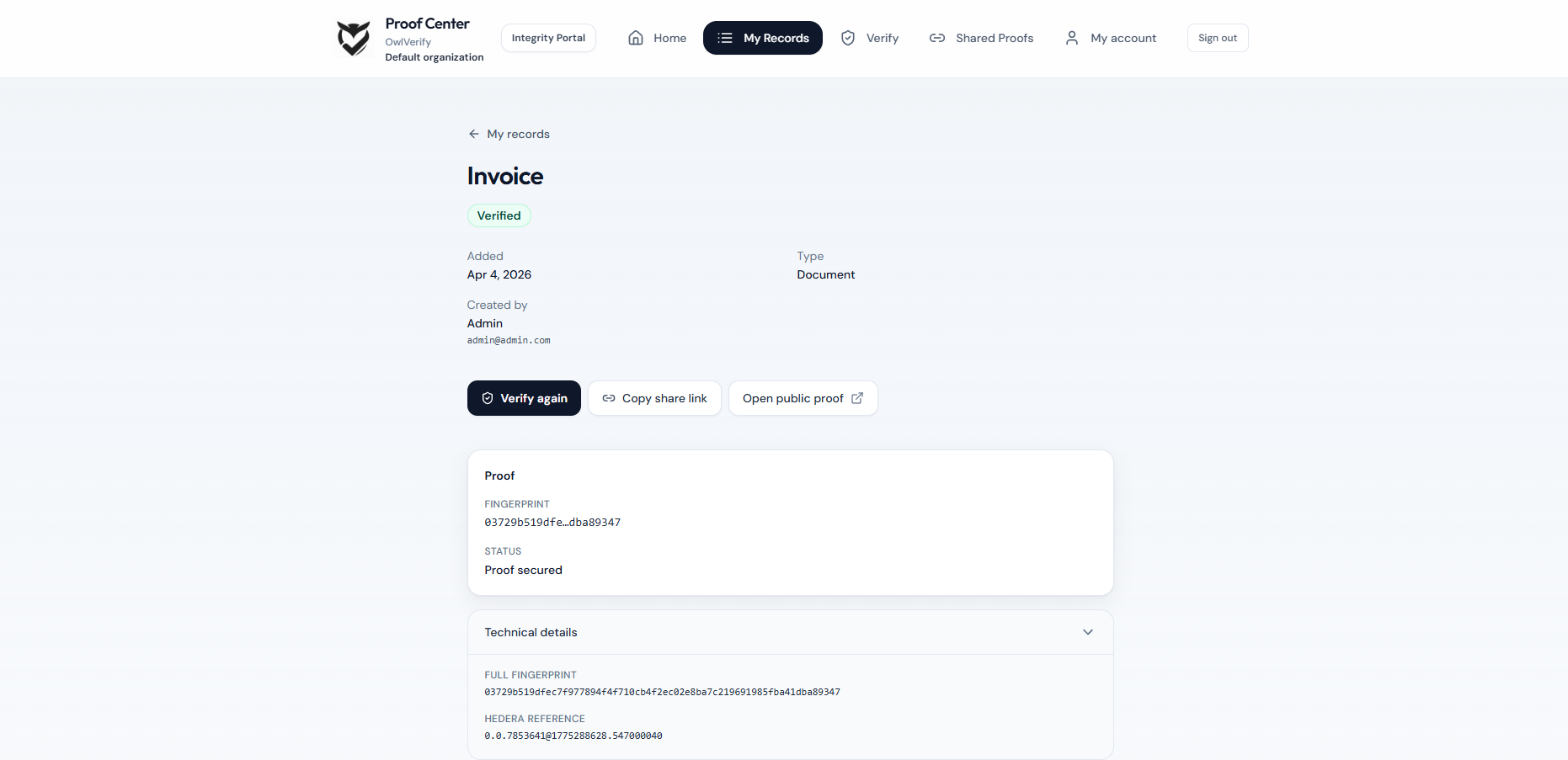 OwlVerify verification screen showing match or mismatch result